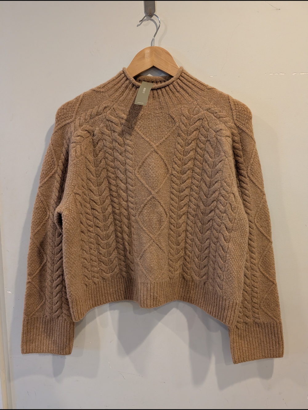 J Crew New Rollneck Cable-Knit Sweater Camel Sz S Preppy Classic Heritage Cozy